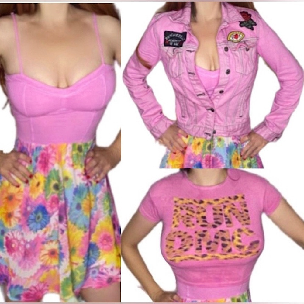🎀 Set of 3 🎀 Pink Psychedelic Jean Jacket + Dress & Crop Run DMC Tee 100% Cotton